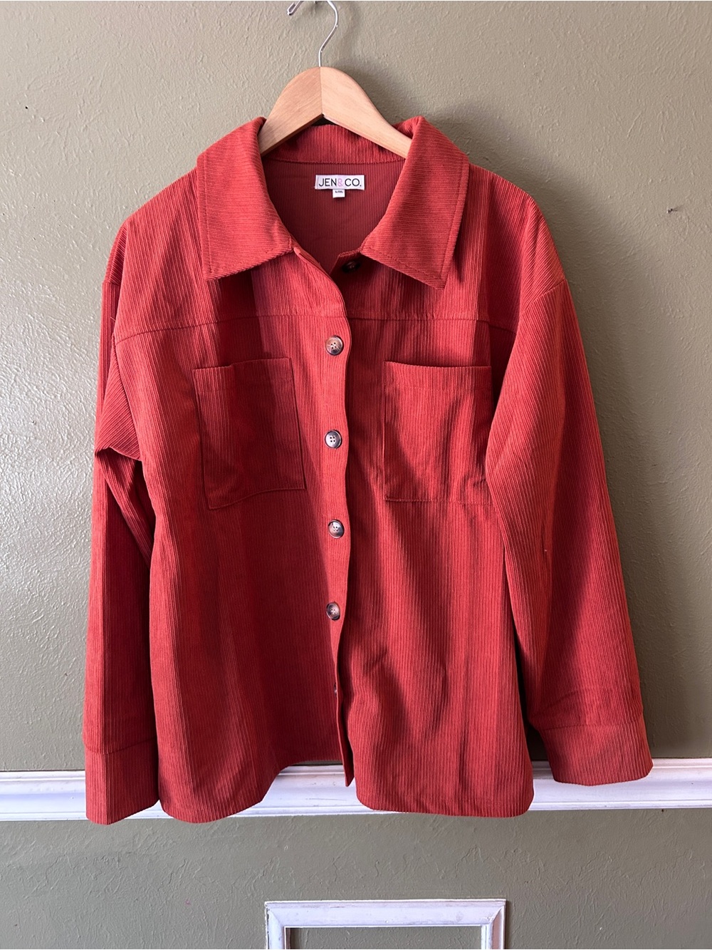 Women's Pumpkin Orange Corduroy Granny Square Cottagecore Button-Up Shacket